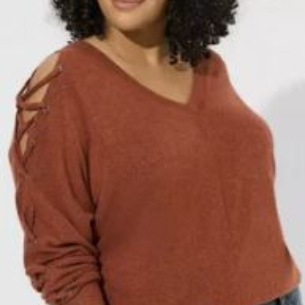 Torrid Rust Knit Sweater Criss-cross Open Long Sleeve Shoulder Top Size 2